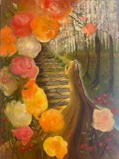 18x24 Oil Painting titled "Mystical Journey". This depicts a young lady on a journey through a mystical forest. Three blue butterflies are leading her up a stone staircase. She is surrounded by whimsical trees and the forefront is covered in colorful roses of pinks and oranges. Completed by artist Jackie Birmingham of J Birmingham ART and is priced at $350. 