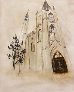 Oil painting depicting Notre Dame Cathedral in soft, neutral, tea-colored browns by J Birmingham ART. Priced at $200.