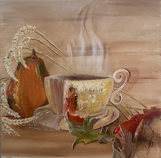 12x12 Oil painting on gesso board titled "Fill My Cup Lord". A heavy mug of coffee is center stage and overflowing with steam rising from the top. Harvest colors are depicted throughout with fall leaves in the forefront and shafts of wheat wrapping around a burnt orange gourd in the background. Completed by artist Jackie Birmingham at J Birmingham ART. Priced at $150