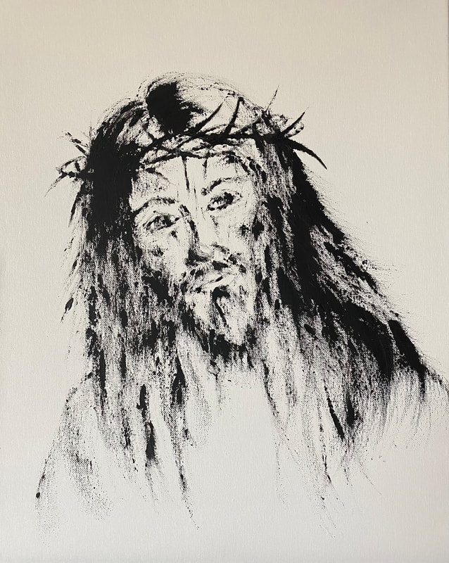 Black and white oil on canvas depicting Christ wearing the crown of thorns. He is gazing at us with a gentle look as if saying...I did this for you. 16x20 titled My Crown Your Gift.