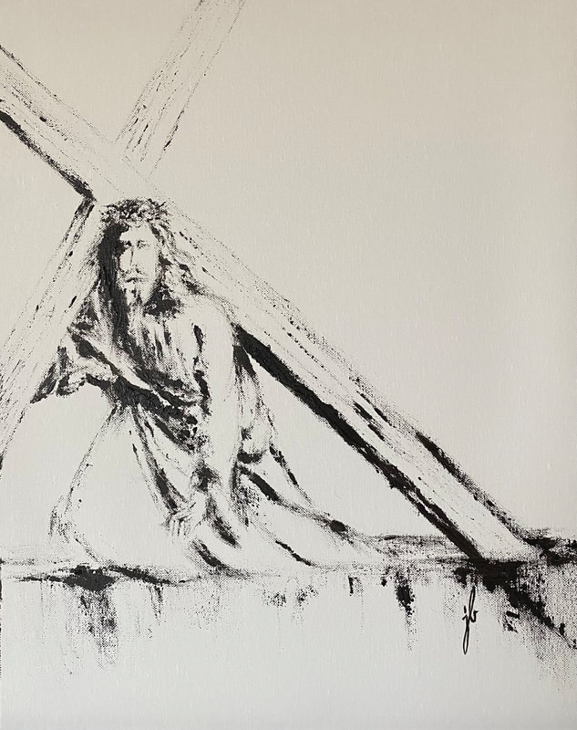 16x20 black and white oil on canvas of Christ struggling to carry His cross. 