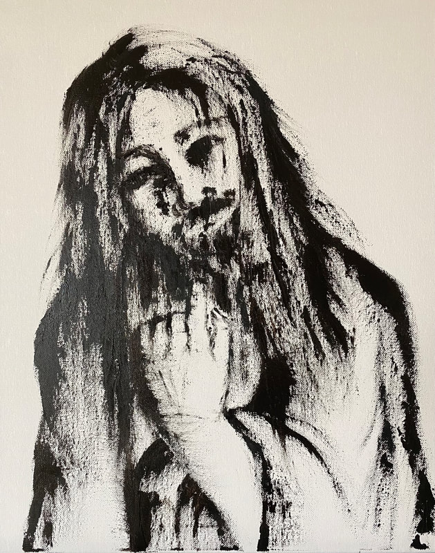 Black and white oil on canvas of Christ calling us to Him with the motion of His index finger. This is heavily textured painting of Christ. 